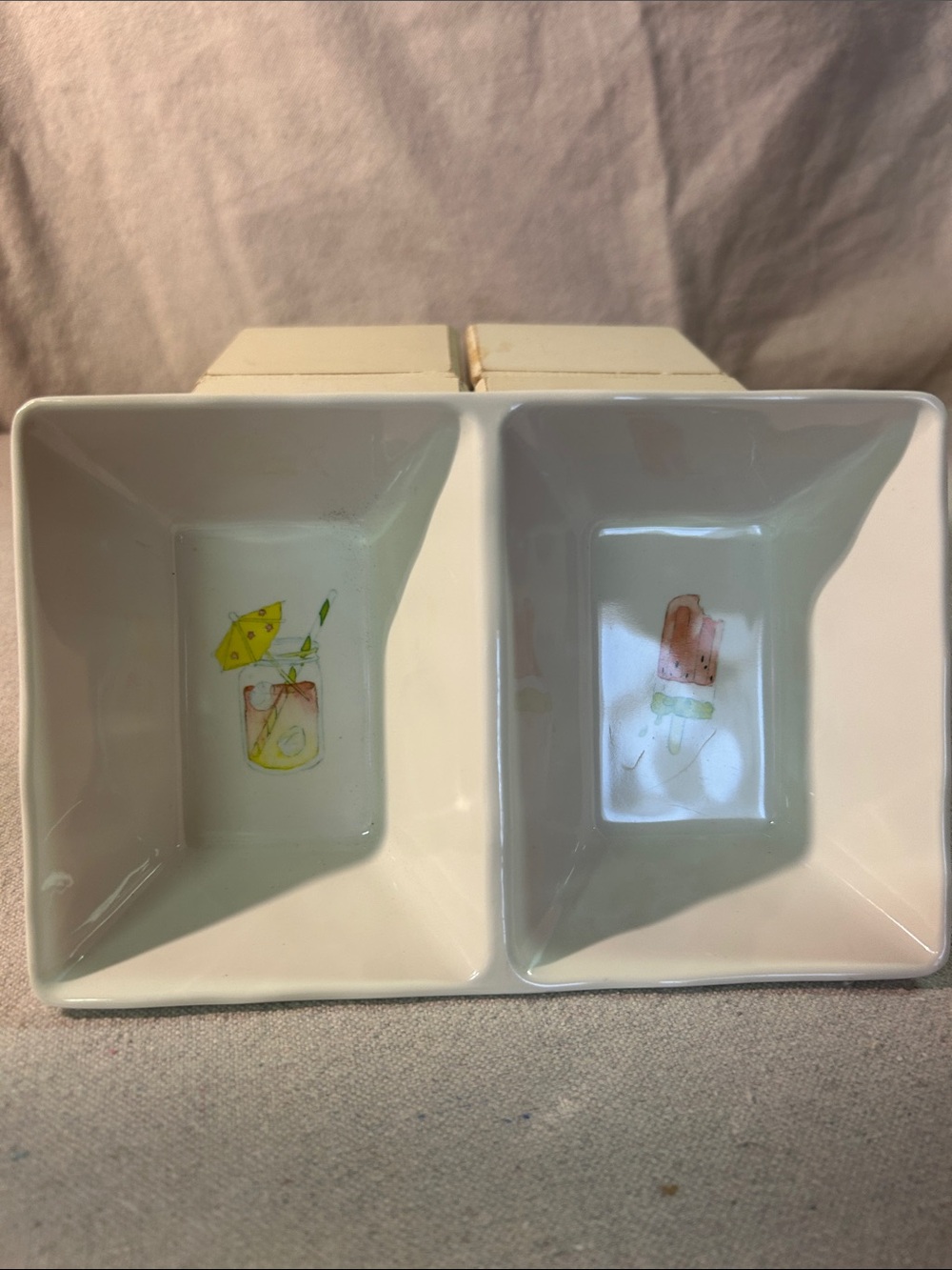 Rae Dunn White Ceramic Double Dip Dish with Lemon & Popsicle Art